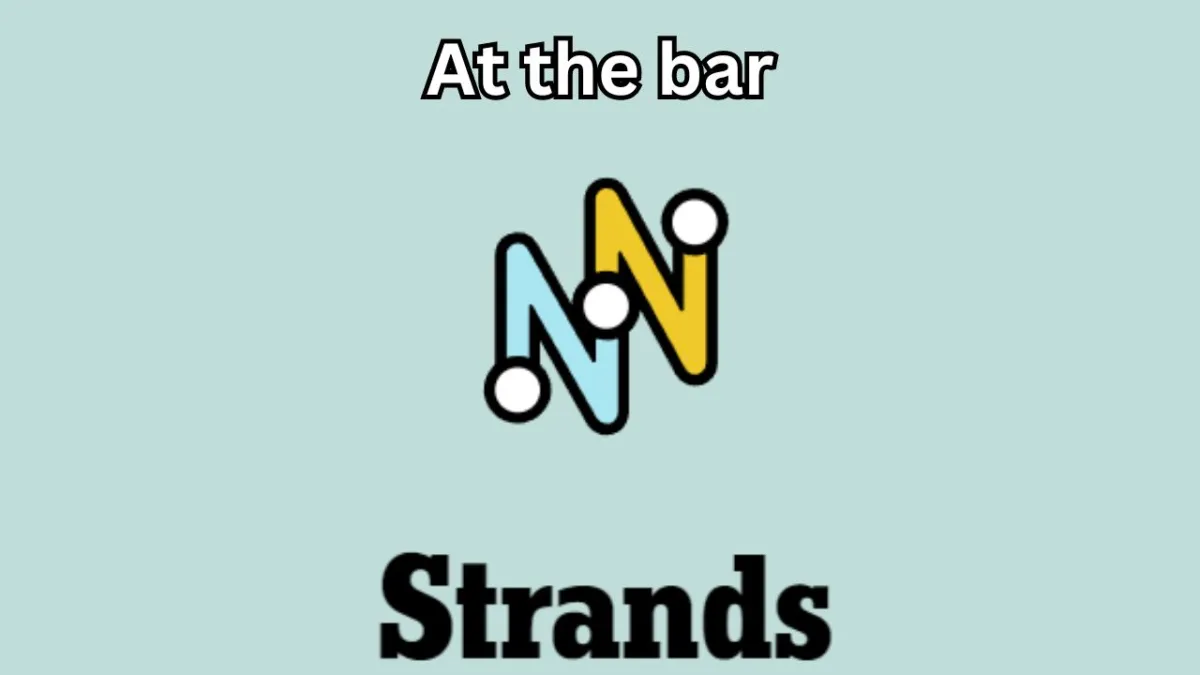 The NYT Strands logo on a gray background with "At the bar" written in white.