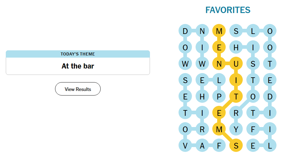 The May 21 Strands solution showing MENUITEMS in yellow as the Spangram.