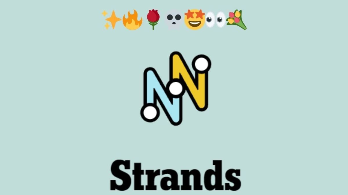 The NYT Strands logo on a gray background with seven emojis on top of it.
