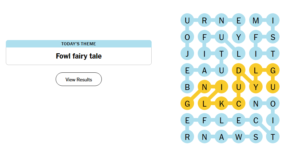 The May 20 Strands solution showing Uglyduckling in yellow as the Spangram.