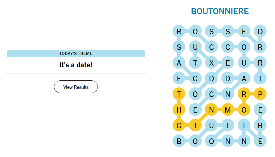 The Strands grid for "It's a date" with all the solution words.