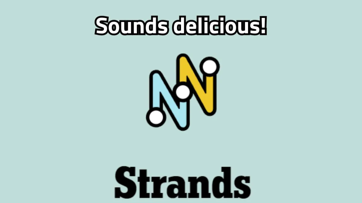 The NYT Strands logo on a gray background with "Sounds delicious!" written in white.