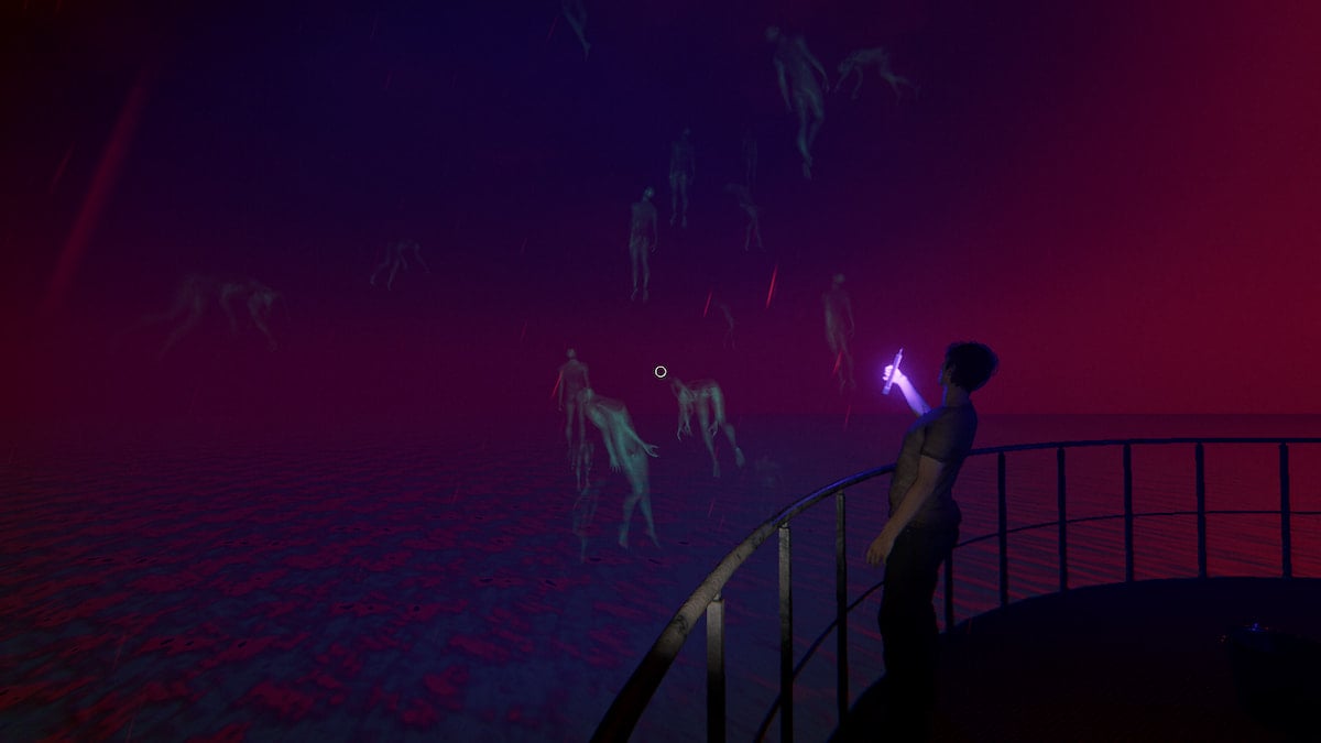 A player holding a glowstick UV Light looking up at some green floating ghosts in a purple and red sky at the top of the Point Hope lighthouse map in Phasmophobia.