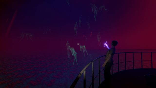 A player holding a glowstick UV Light looking up at some green floating ghosts in a purple and red sky at the top of the Point Hope lighthouse map in Phasmophobia.