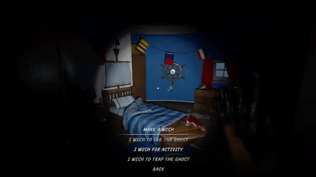 The player holding a Monkey Paw in the children's bedroom at Point Hope in Phasmophobia preparing to choose a wish from three options: I want to see the ghost, I wish for activity, and  I wish to trap the ghost.