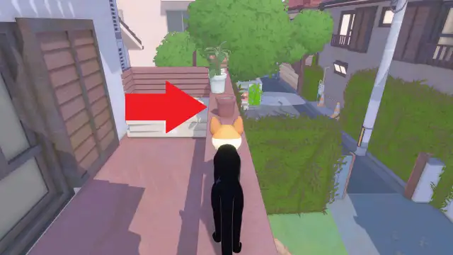 A screenshot from Little Kitty, Big City, showing the location of where tennis ball three would be with a red arrow pointing to a planter pot.