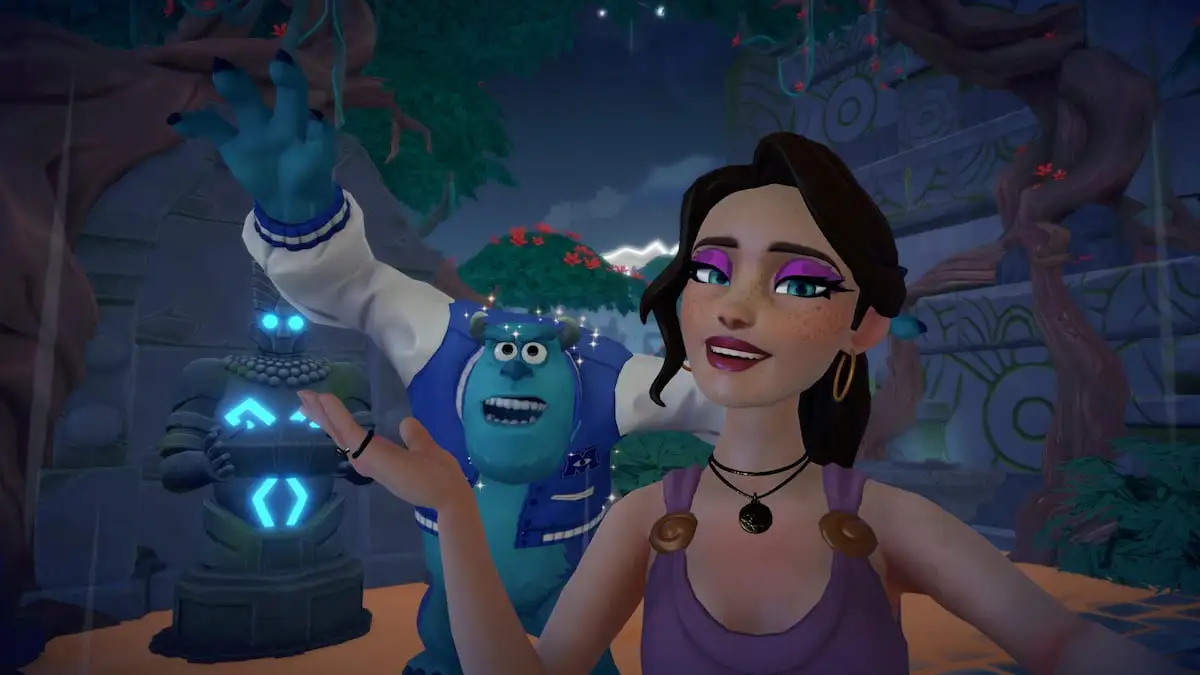 The player taking a picture with Sulley in The Courtyard area in Disney Dreamlight Valley.