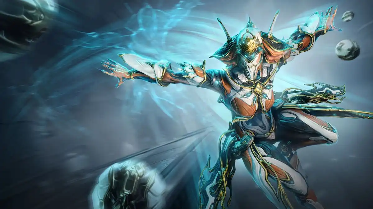 Promotional image of Protea Prime using her Grenade Fan in Warframe, with the typical Prime accent details
