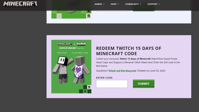 The redemption page for the Purple Heart Twitch cape in Minecraft.