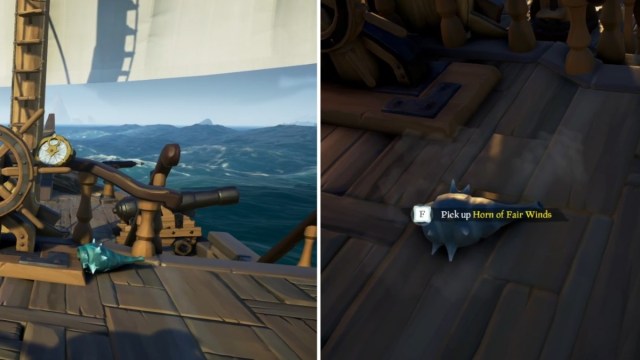 On the left, a new blue colored Horn of Fair Winds and on the right, a fully used black Horn of Fair Winds in Sea of Thieves