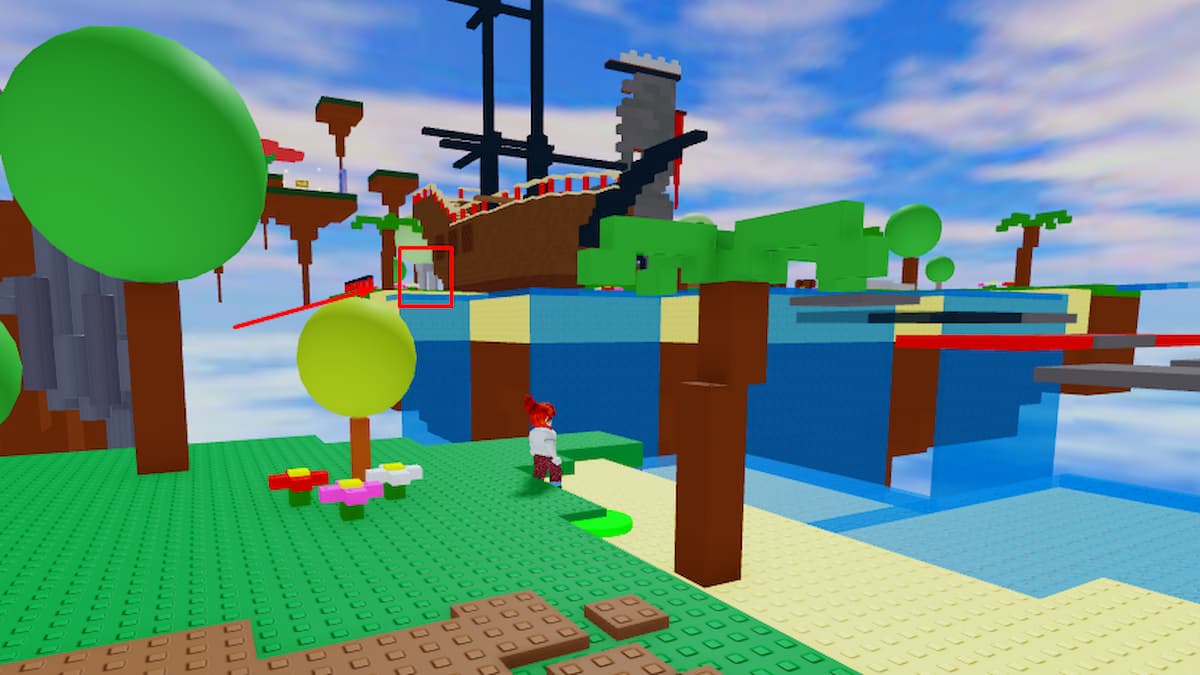 A portal highlighted in the distance next to a wooden ship in Roblox.