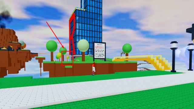 The Roblox headquarters and a portal highlighted in the distance.