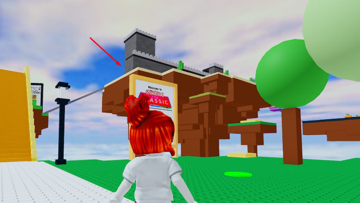 An arrow pointing to a building in Roblox.