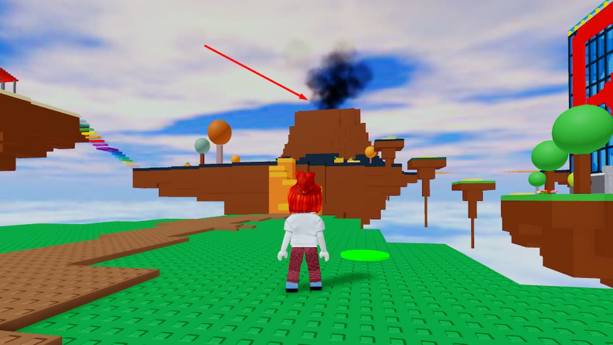 A volcano in Roblox with an arrow pointing to it.