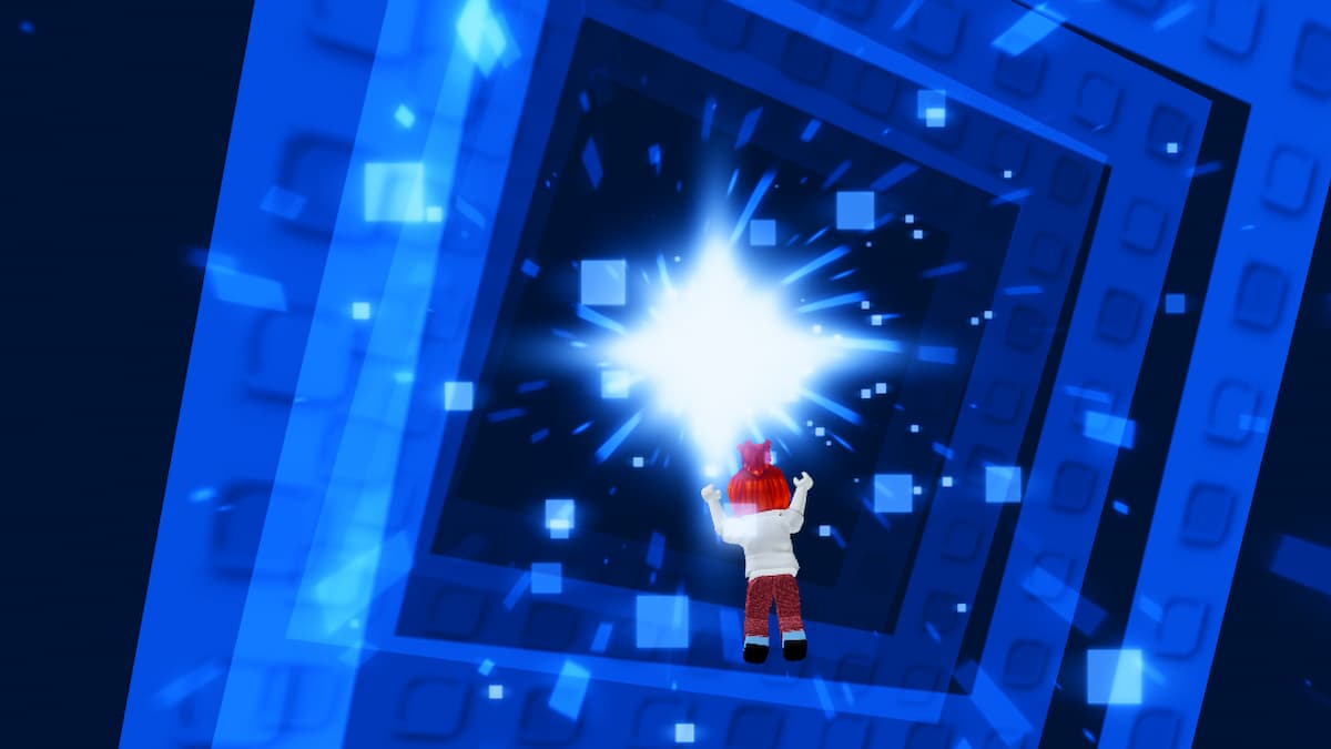 A roblox player going through a portal in Roblox.