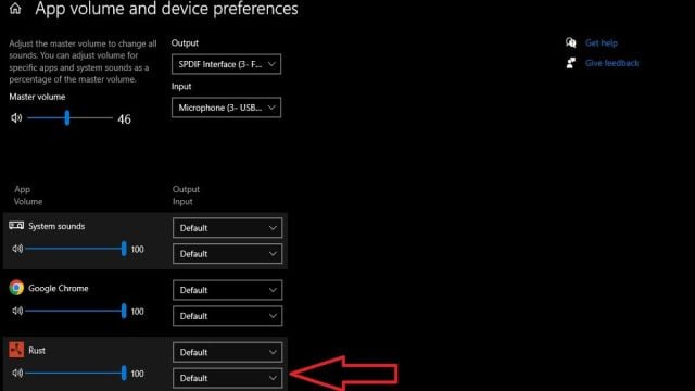 Red arrow pointing at Rust default sound settings on Windows
