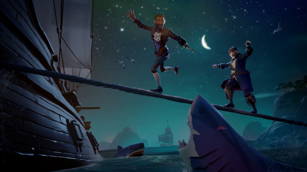 Pirates walking on a harpoon line in Sea of Thieves