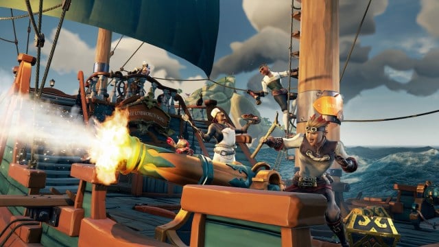 A pirate firing a cannon in Sea of Thieves.