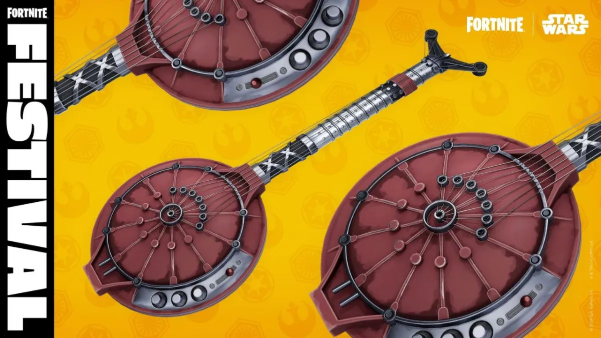 The hallikset guitar from Star Wars on a yellow background as part of a Fortnite Festival banner.