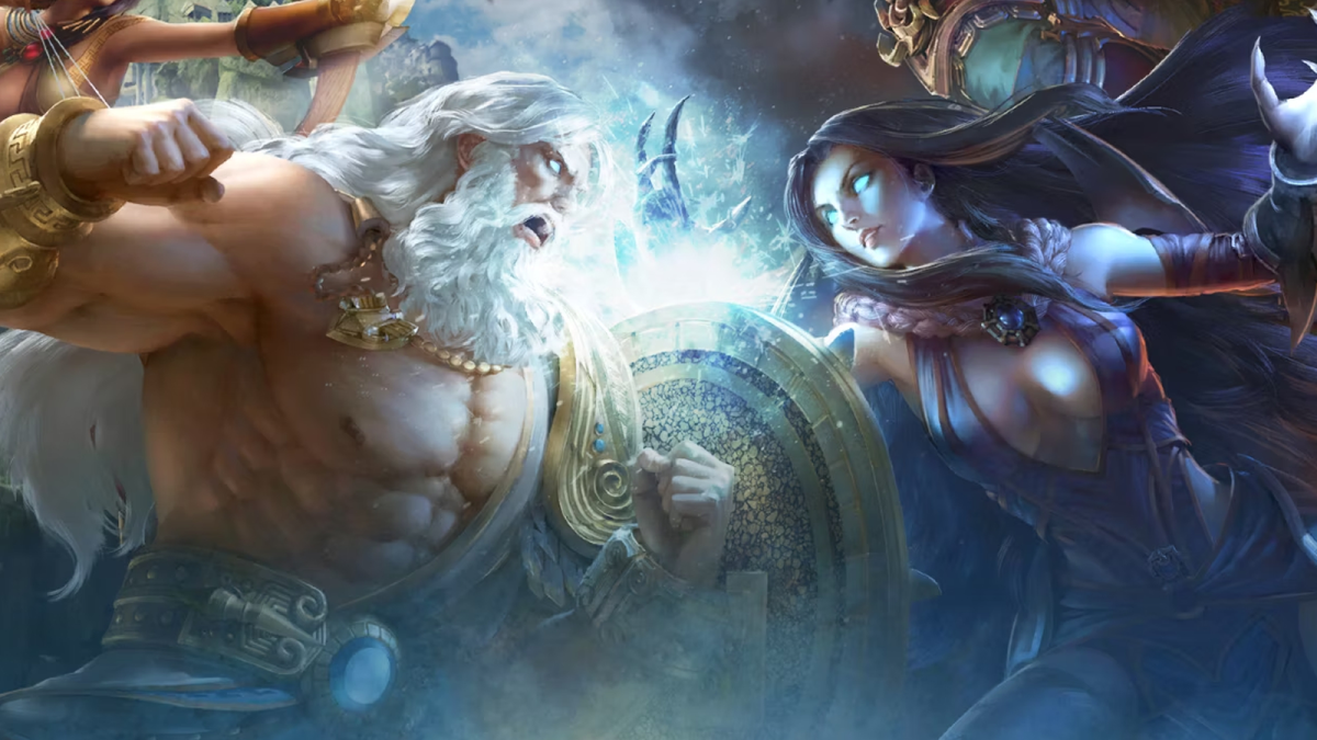 Smite 2 gods reach out to each other in a HiRez press image.