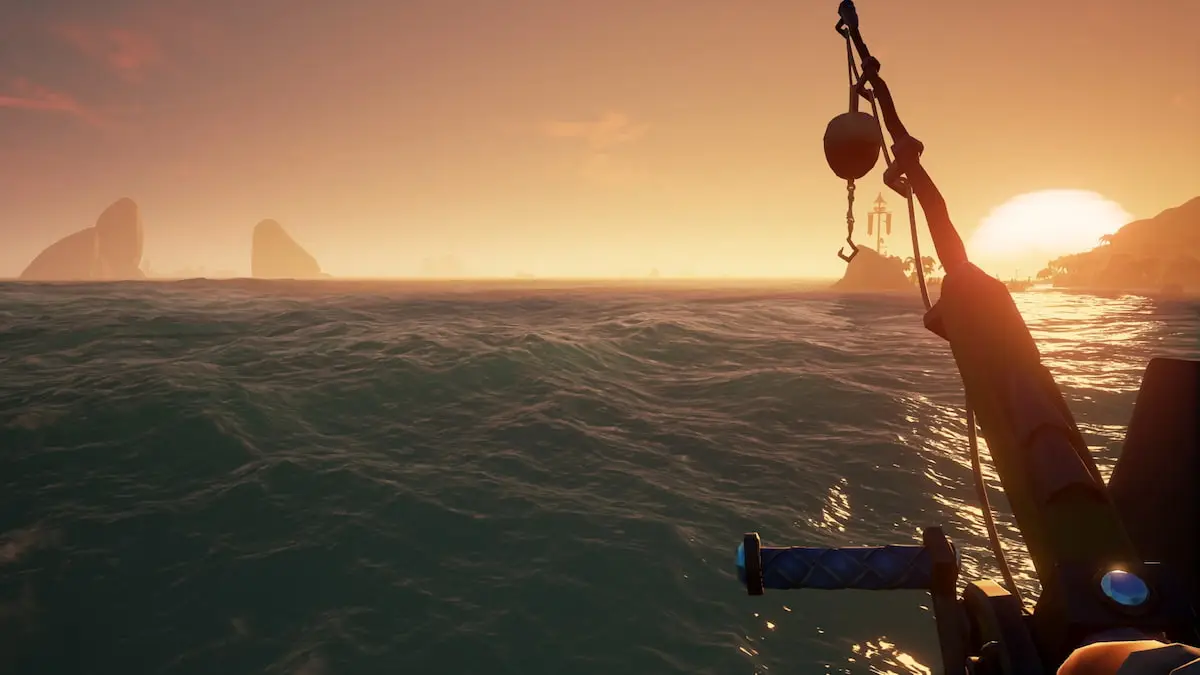 Pirate with a fishing rod out in Sea of Thieves