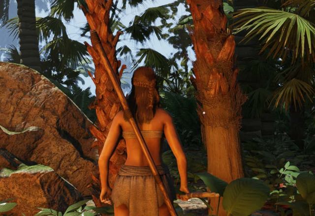 The main character in Soulmask, a woman with ratted clothes, stands in front of two coconut trees.