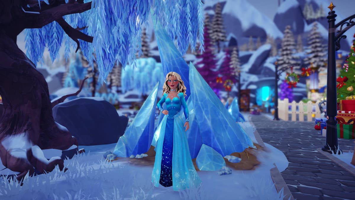 The player standing in front of a giant ice shard in Disney Dreamlight Valley.