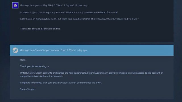 steam's response to transferring account via will