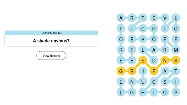 The Strands grid with all words selected from the May 3 puzzle.