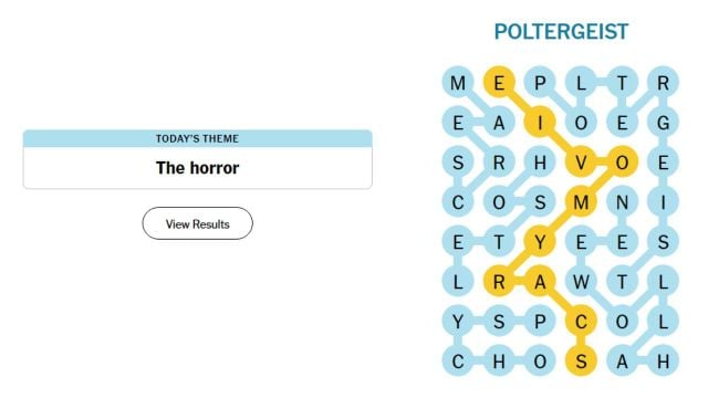 The Horror puzzle grid with the solutions and the Spangram in yellow.