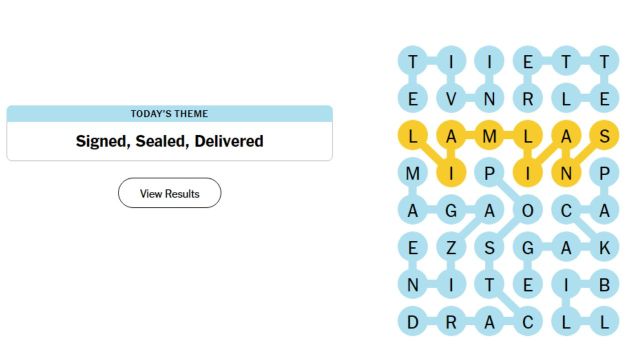 Signed, sealed, delivered puzzle grid with the solutions and the Spangram in yellow.