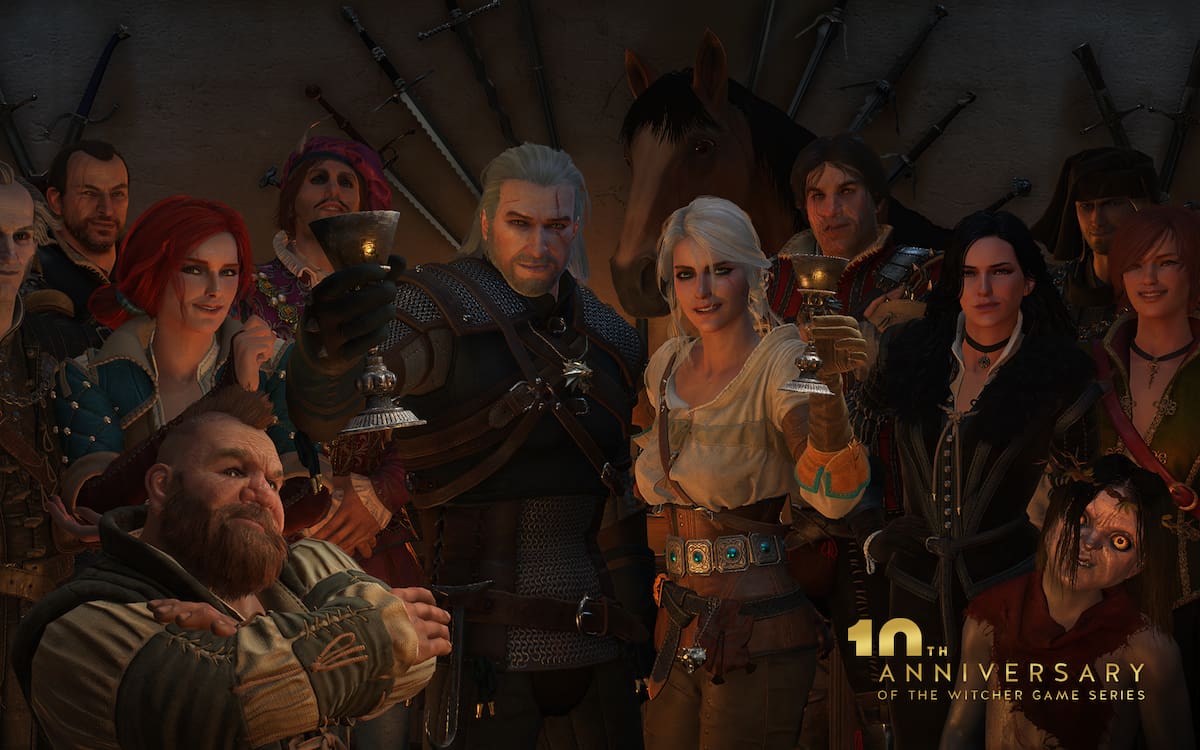 The Witcher 10th anniversary wallpaper featuring characters from the Witcher universe: Geralt, Ciri, Yennefer, Triss, Ciri, Vesemir, et al.