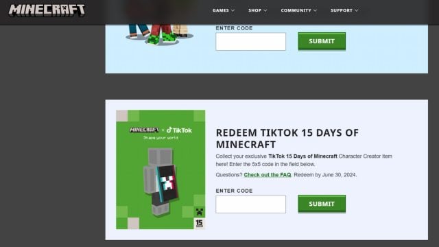 The TikTok cape redemption page for Minecraft.