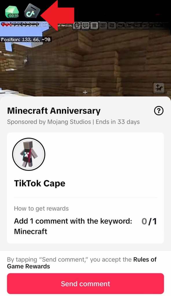 The grey icon and send comment options for the TikTok Minecraft cape.