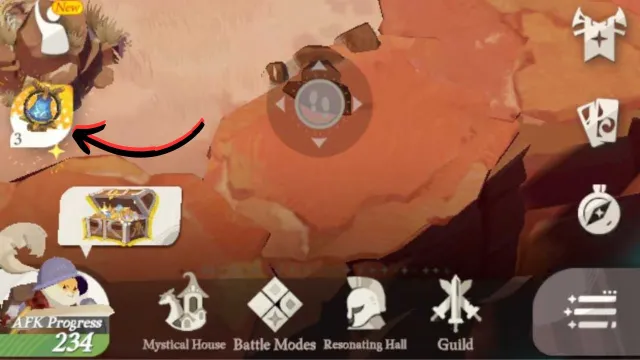 A screenshot of AFK Journey during treasure hunt with an arrow pointing the bell icon.