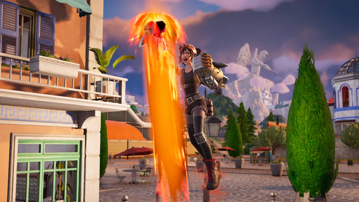 Leaping into the air using Nitro Fists in Fortnite.