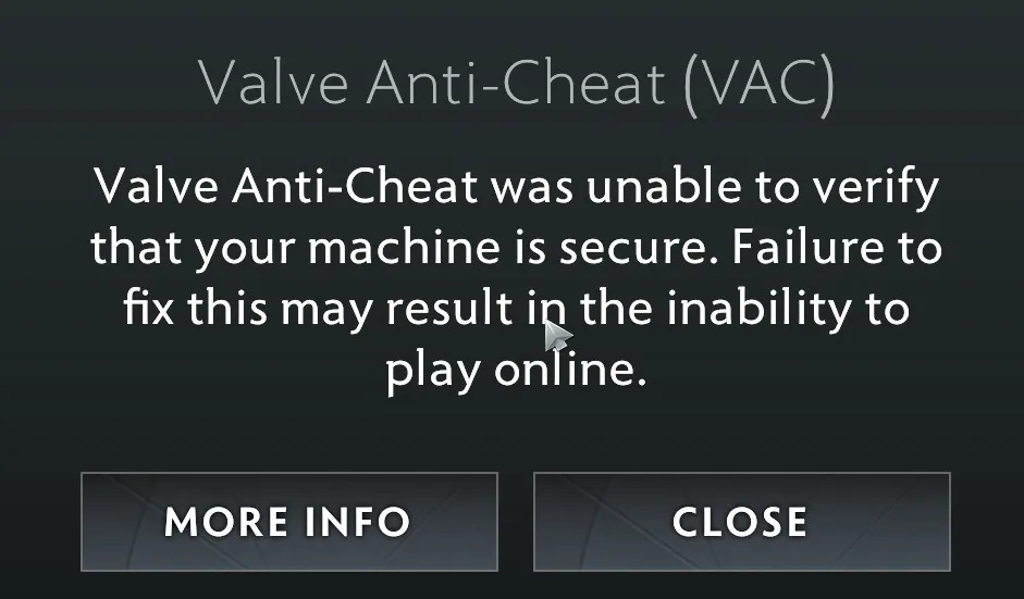 Screenshot of VAC error in Dota 2