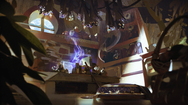 A League of Legends spellcaster's hovel with spells, a small window, and notes.