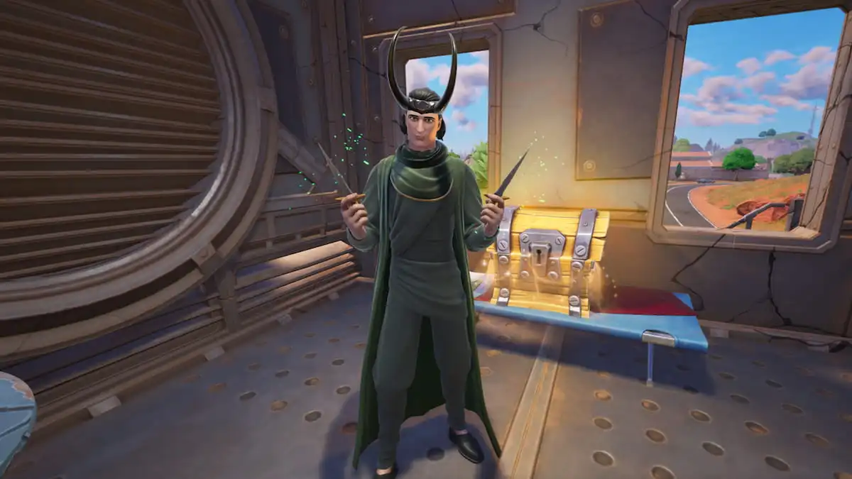 Loki standing in front of a Wasteland Landmark chest in Fortnite.