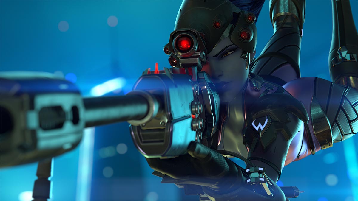 Widowmaker from Overwatch aims her sniper rifle.