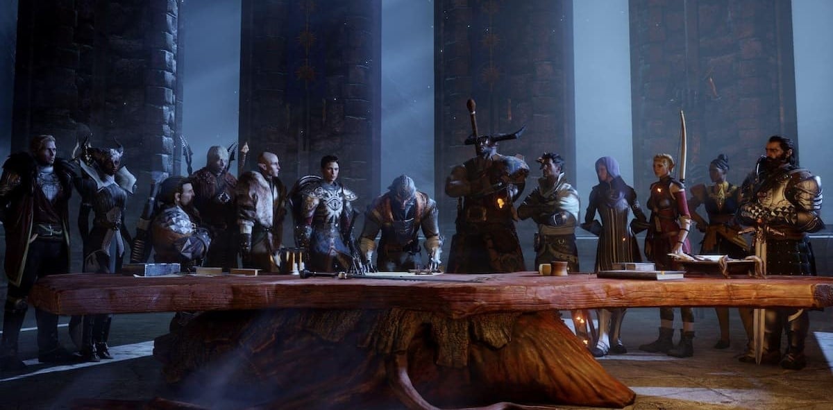 An image of the Dragon Age characters standing at the War Table