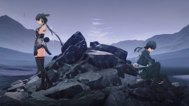 The two main characters in Wuthering Waves by a rock.