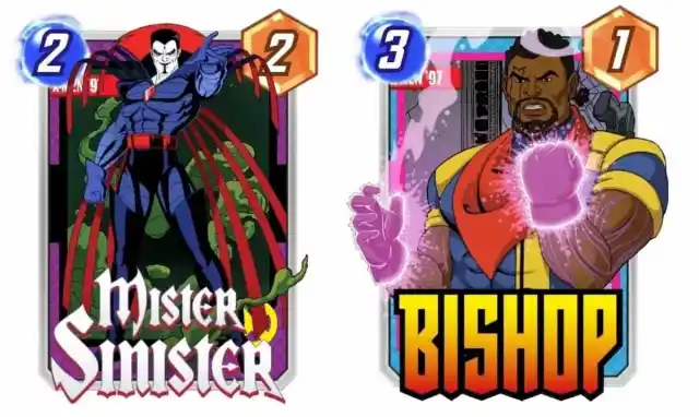 Mister Sinister and Bishop X-Men '97 variant cards for Marvel Snap