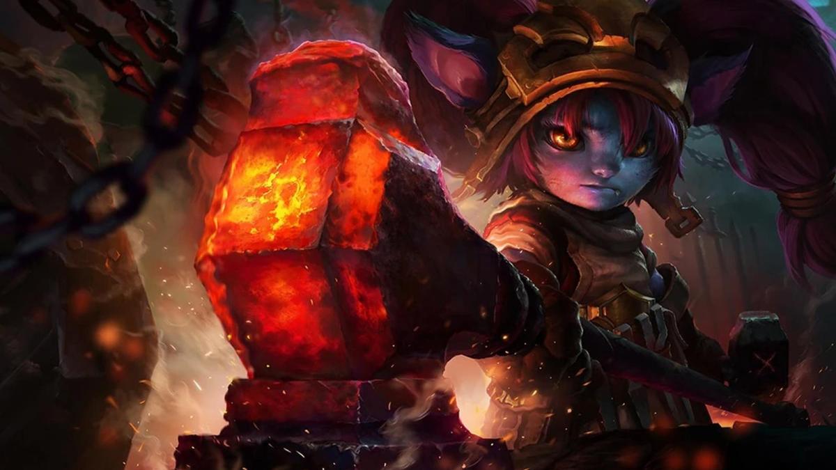 Blacksmith Poppy heats up a huge hammer that's red hot with fire in League of Legends.
