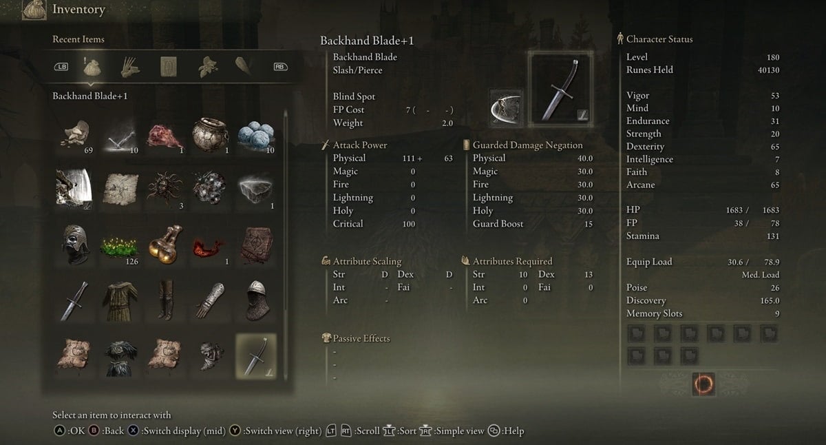 Showcase of weapon stats for the Backhand Blade in Elden Ring