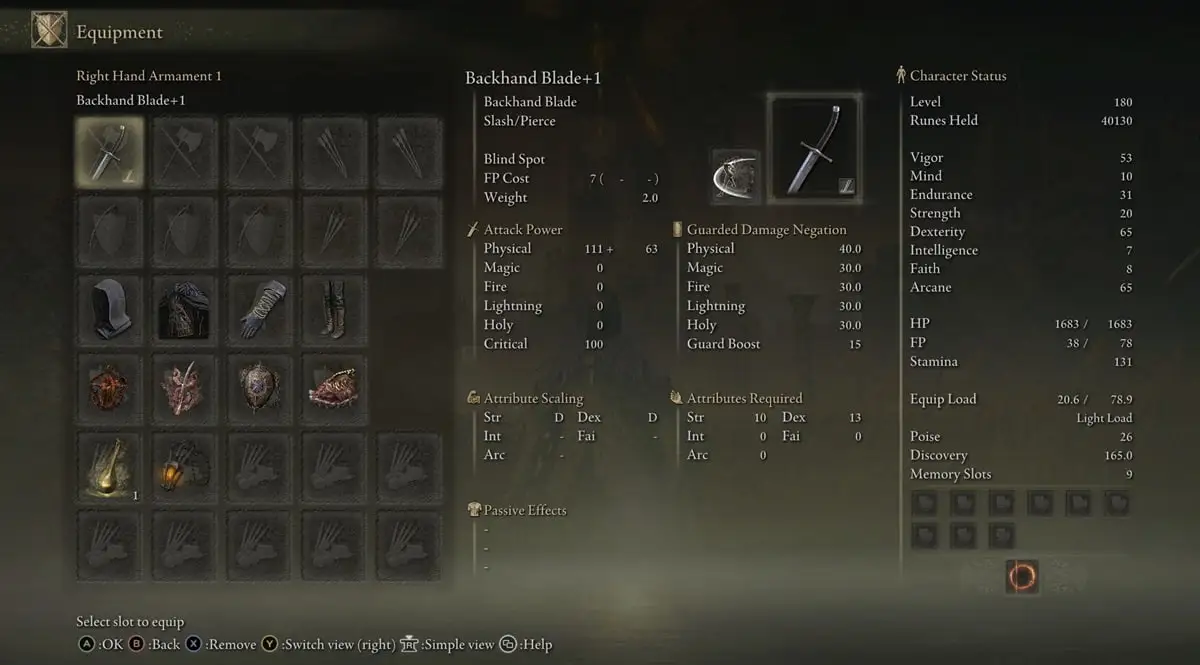 Weapon showcase of the Backhand Blade in Elden Ring.
