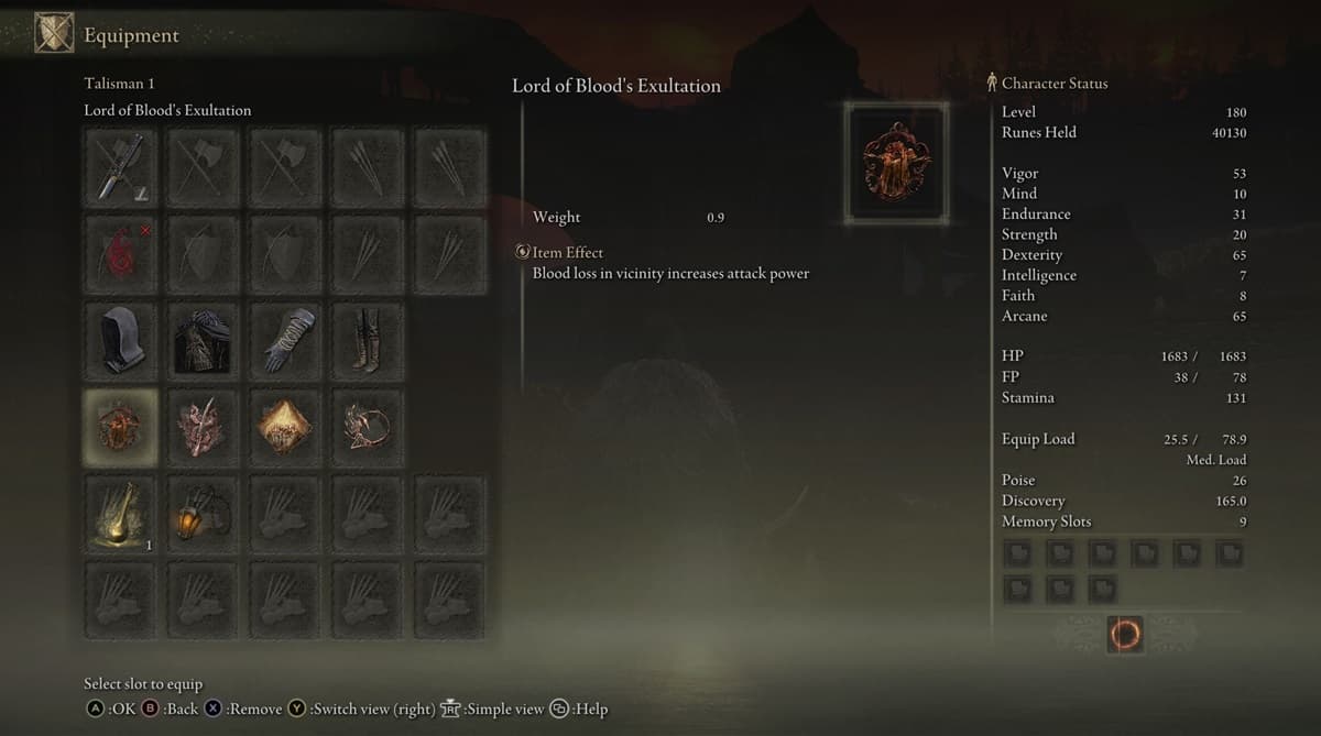 Showcase page of the Lord of Blood's Exultation talisman in Elden Ring