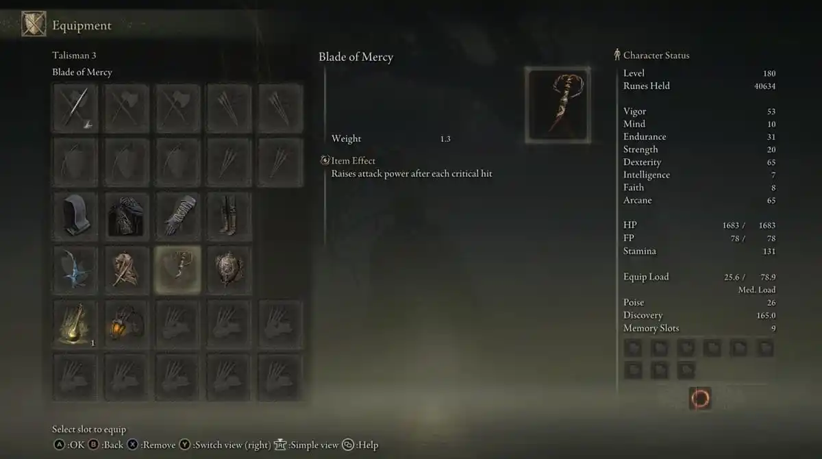 Showcase page of the Blade of Mercy talisman in Elden Ring