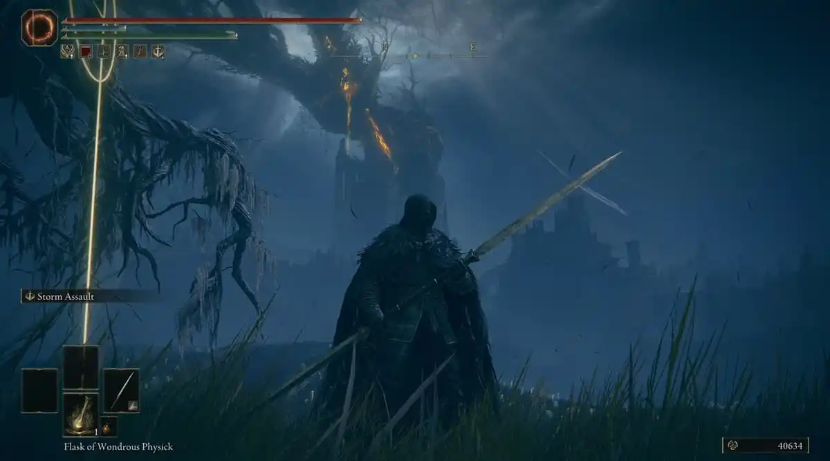 Player character holding a twinblade with a shadowy tree nestled in the background of a night sky
