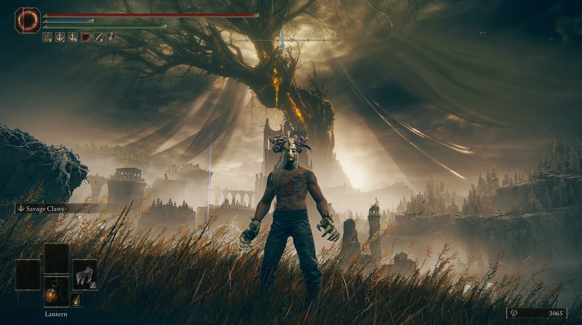 Player character standing against the backdrop of a giant shadowy tree with claws and a helmet